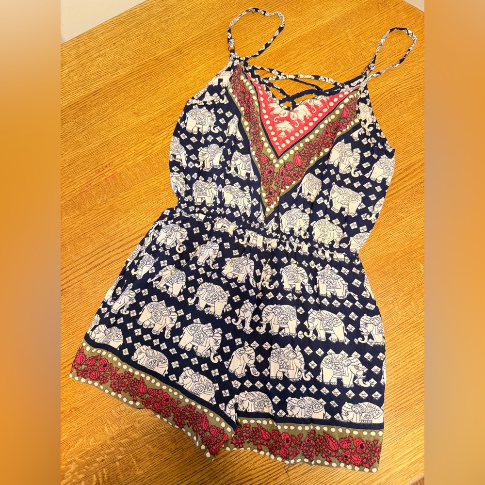 Angie Navy and Red Elephant Print Romper
